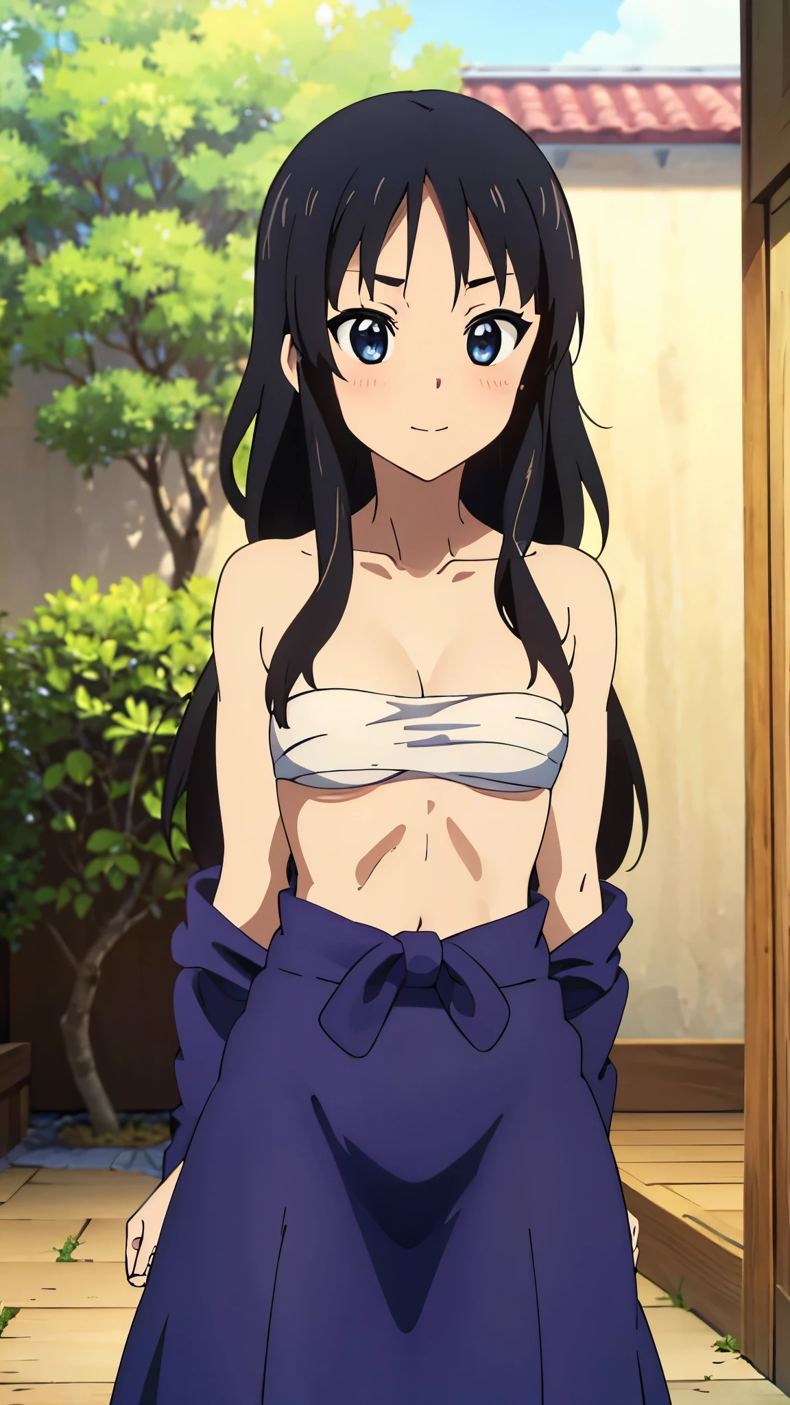 masterpiece, highres, solo, 8k, detailed, perfect face, best quality, (ultra high quality), (looking at viewers), collarbone, bare arms, bare shoulders, small breast, cleavage, black hair, long hair, blue eyes, belly, stomach, navel, abs, sarashi chest, bandaged breast, (red hakama), slim body, upper body, smile, blush, closed mouth, at forest