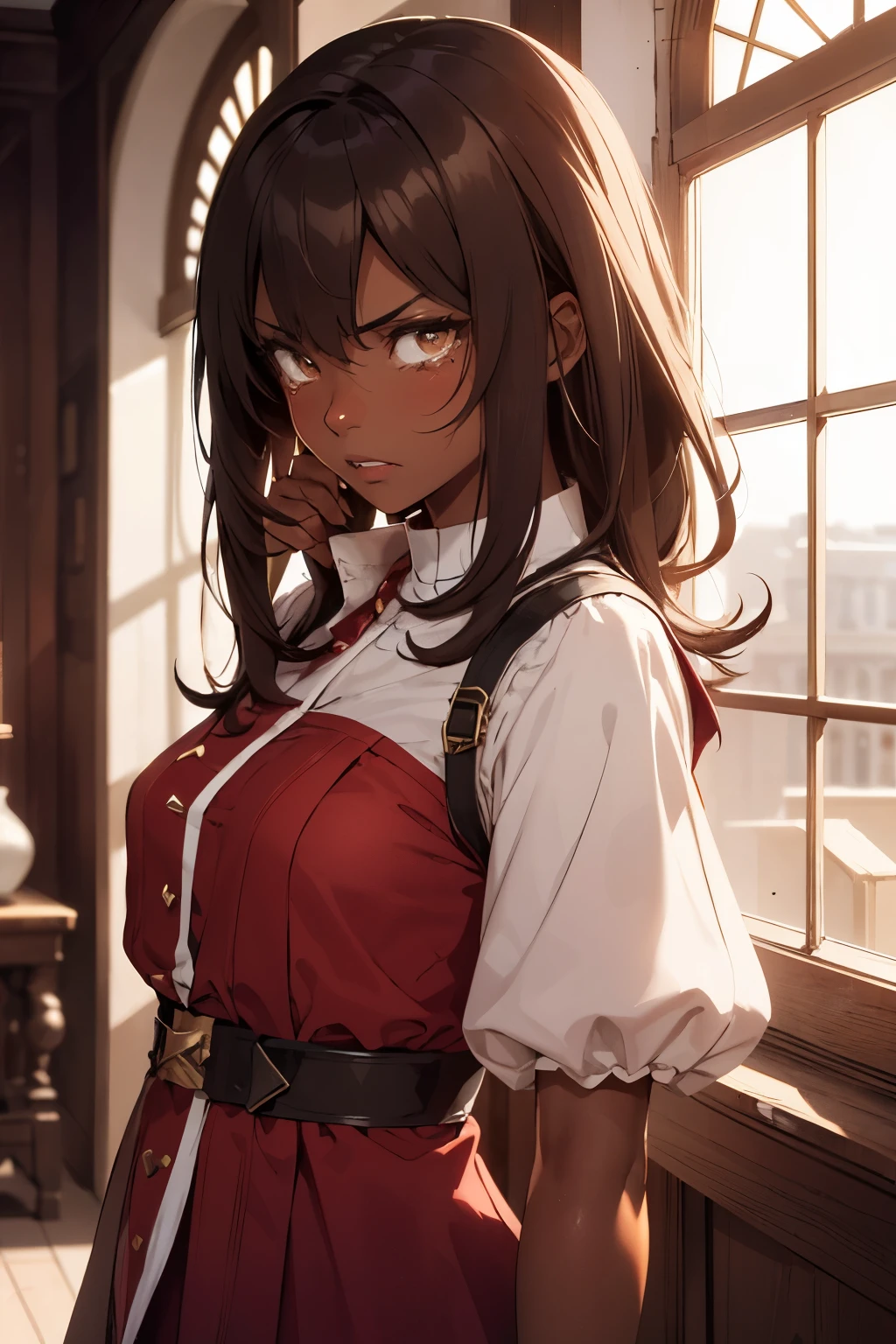 Dark skin girl with straight medium brown hair and honey eyes dressing a red mage outfit at a sunlit room. She is angry and crying. She has side bangs 