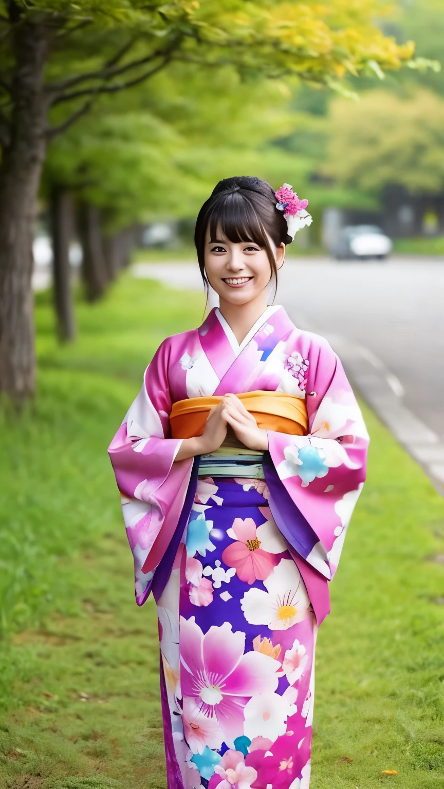 Beautiful Japanese woman in a kimono、Turn your face towards me and smile、whole body from the feet、Standing upright with hands together in front of you