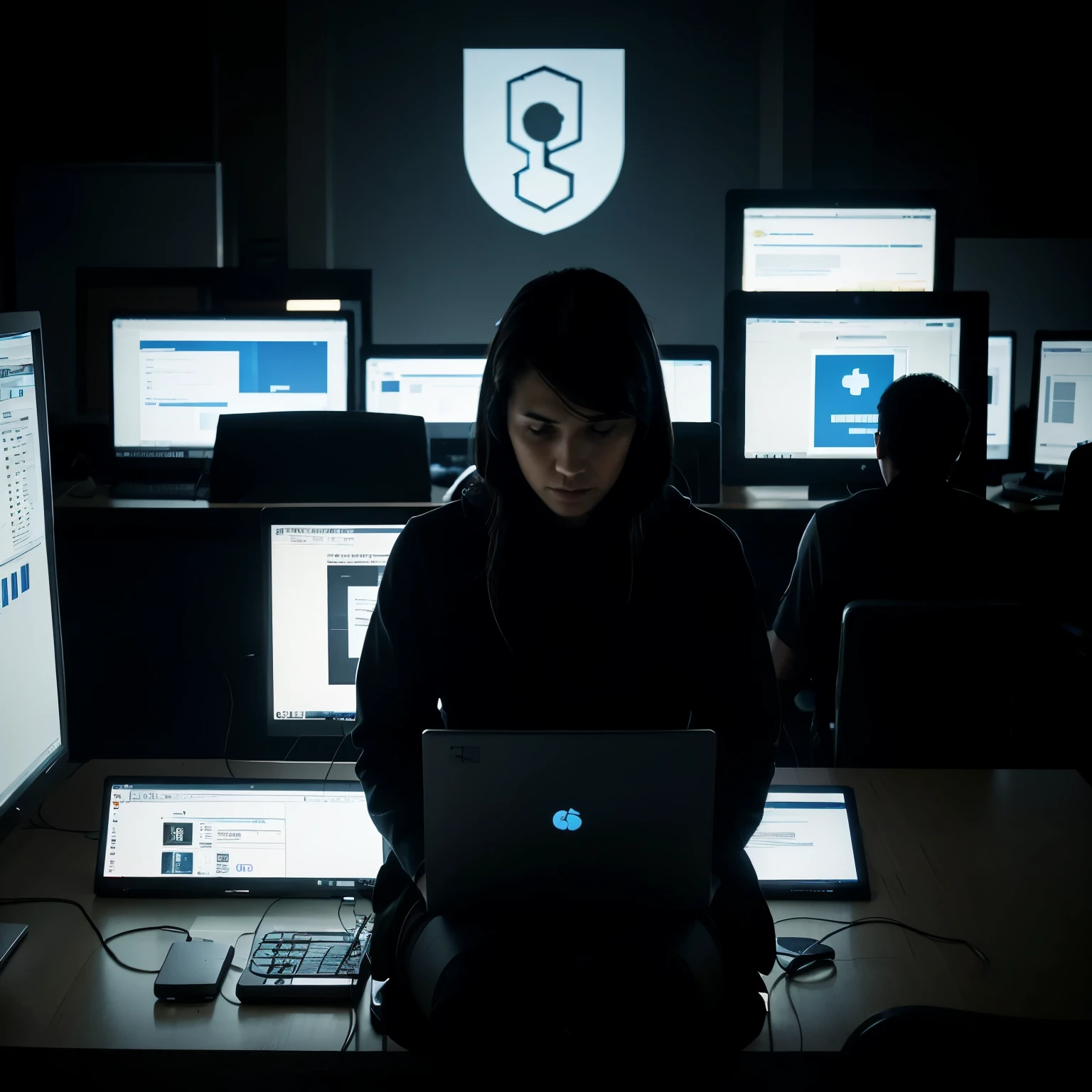 Sketch a person sitting at a computer, with a determined expression on their face. On the computer screen, there are icons representing encryption software and privacy settings being adjusted. In the background, there might be silhouettes representing potential threats or surveillance, contrasting with the person's proactive approach to safeguarding their digital privacy.





