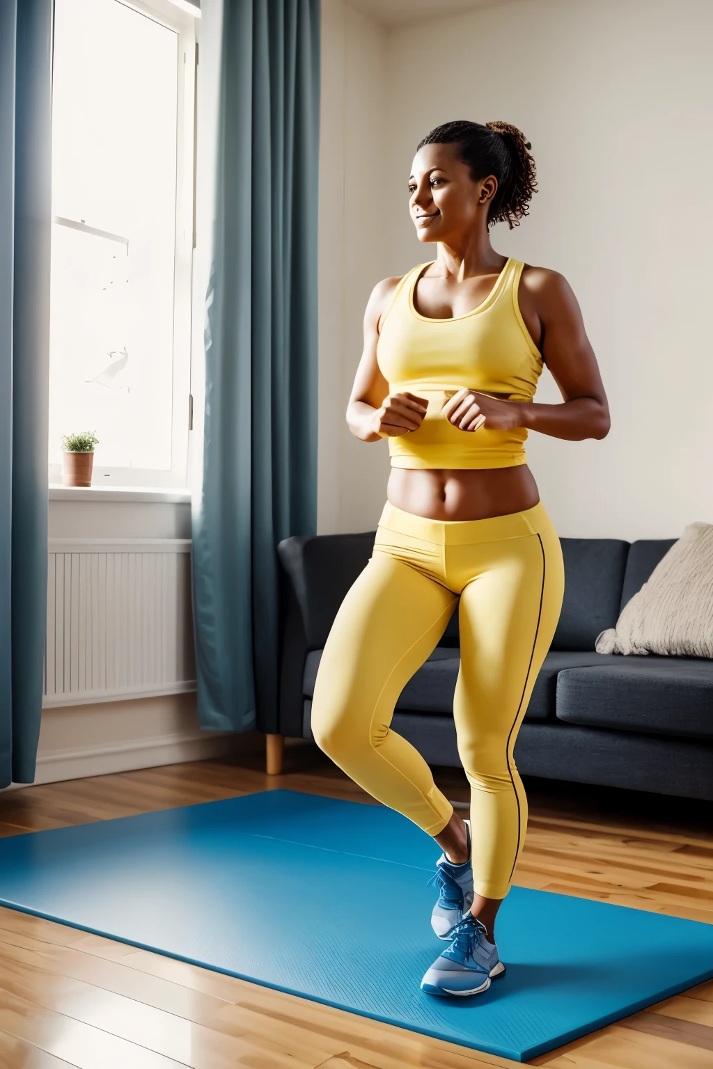 create a realistic image of a 40-year-old woman exercising at home without equipment in a yellow outfit