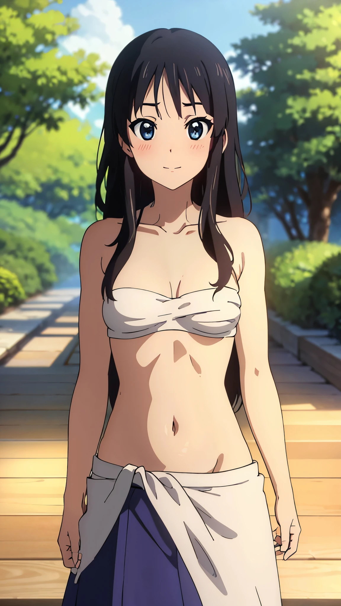 masterpiece, highres, solo, 8k, detailed, perfect face, best quality, (ultra high quality), (looking at viewers), collarbone, bare arms, bare shoulders, small breast, cleavage, black hair, long hair, blue eyes, belly, stomach, navel, abs, sarashi chest, bandaged breast, (red hakama), slim body, upper body, smile, blush, closed mouth, at forest