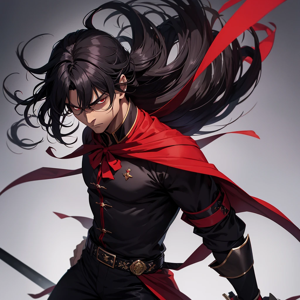 Ele tem cabelo preto, olhor cor de sangue, uma camisa preta de manga comprida, black pants and a dark red sash tied around the waist. He also wears a black cape that extends to his feet and carries his sword.. His expression is serious and determined.