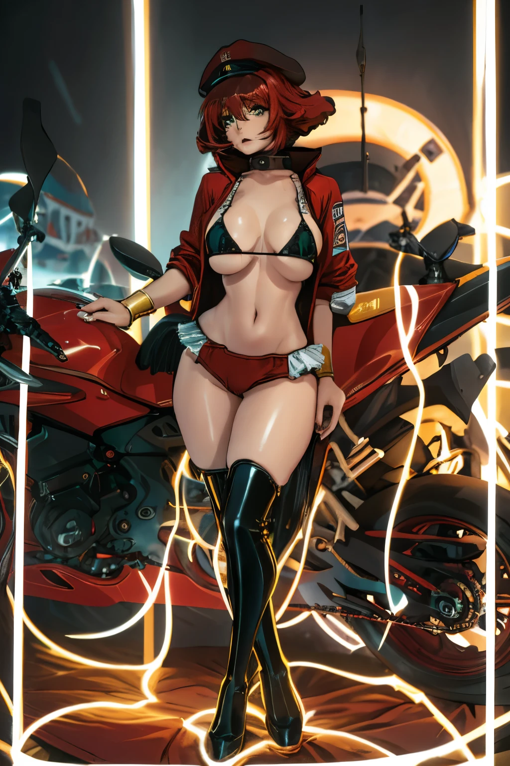masterpiece, best quality, ultra-detailed, adult Cala 1girl, solo, race queen, cropped jacket, highleg bikini, micro shorts, thigh boots, peaked cap, large breasts, bracelet, collar, full body, surprised, worried, red hair, spiky hair, full body, looking at the viewer, female focus, green eyes