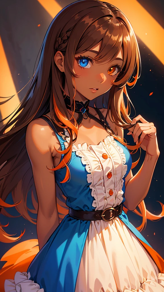 (best quality,ultra-detailed),(((long brown hair))),heterochromia eyes (((orange and blue heterochromia))),shy,cute pink dress,adorable,fairy-like hairstyle,portraits,vivid colors,fantasy lighting, mature woman, sexy pose, (((dark skin)))