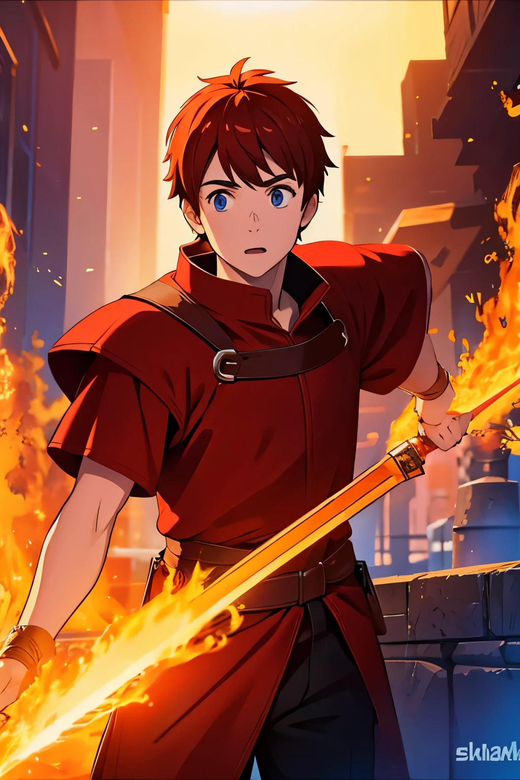 a young red knight with a flaming magic sword on a background of a medieval city 