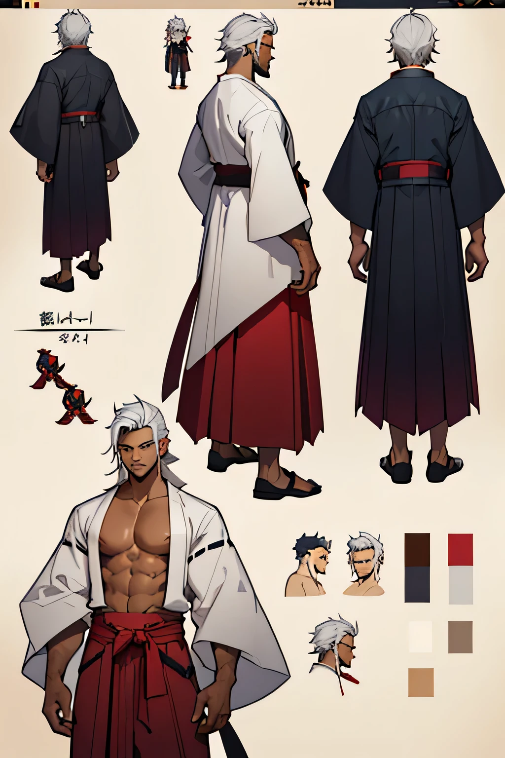 Close-up of a man in a red hakama and white kimono, ((character concept art)), ((character design sheet, same character, front, side, back)) maple story character art, video game character design, video game character design, expert high detail concept art, kitsune, fox man, concept art, long hair, white hair, dark skin, brown skin, tan skin, soft body. The sprite sheet should consist of multiple frames that depict his movement in a side-scrolling perspective. He has the golden eyes of a fox, long white hair, and a clean-shaven face. The sprite should show his mischievous nature, and his calm personality. 

Close-up of a man in a red hakama and white kimono, ((character concept art)), ((character design sheet, same character, front, side, back)) maple story character art, video game character design, video game character design, expert high detail concept art, kitsune, fox man, concept art, long hair, white hair, bare chest, dark skin, brown skin, tan skin, soft body.