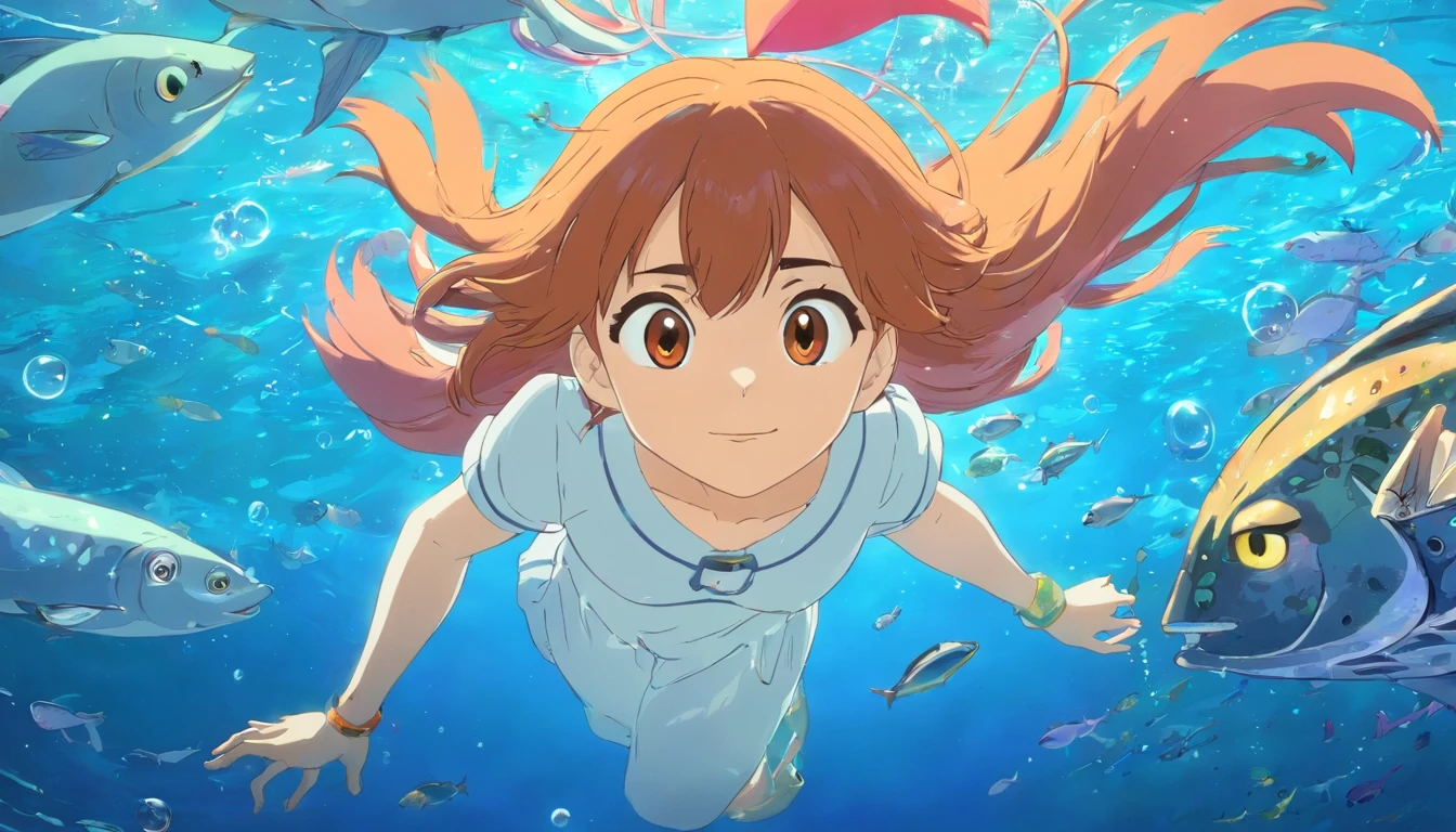 foreshortening, masterpiece, best quality, 1girl, brown eyes,  long hair, underwater, air bubble, solo, dappled sunlight, one piece, eichiiro oda, nami, anime, girl, underwater, bubbles, fish, shining water, smiling, long hair, wavy hair, orange hair, soft, touching fish, swimming,