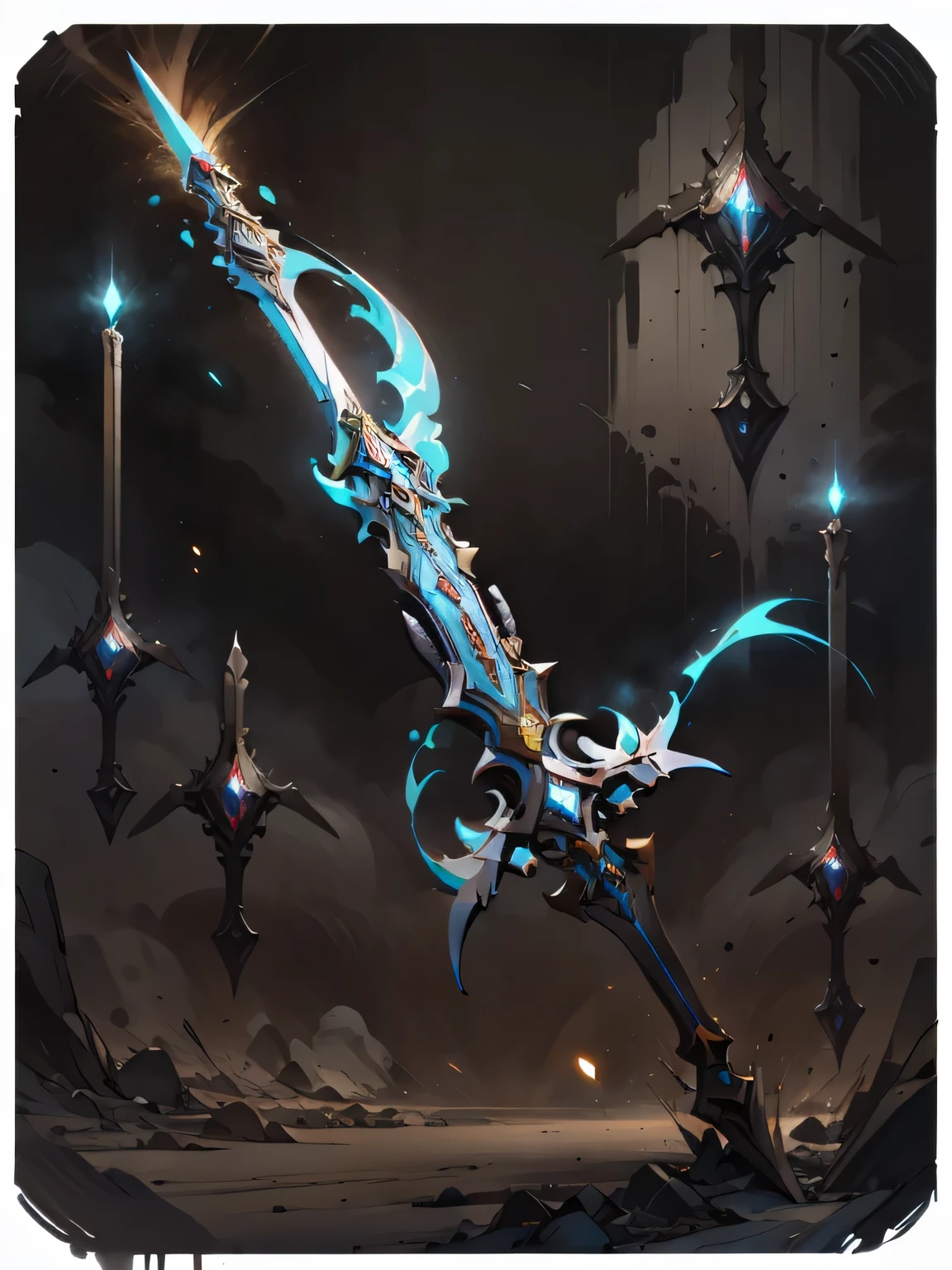 um close do desenho de uma espada com luz vermelho, bright red soulblade, ghost blade style, espada brilhante, arte conceitual luminescente, espada brilhante in hand, intricate fantasy spear, arte conceitual de arma, neon glow concept art, arte conceitual misteriosa, desenho de espada, arte de arma de RPG de fantasia, arma de guerra, projeto de arma, huge glowing neon ax