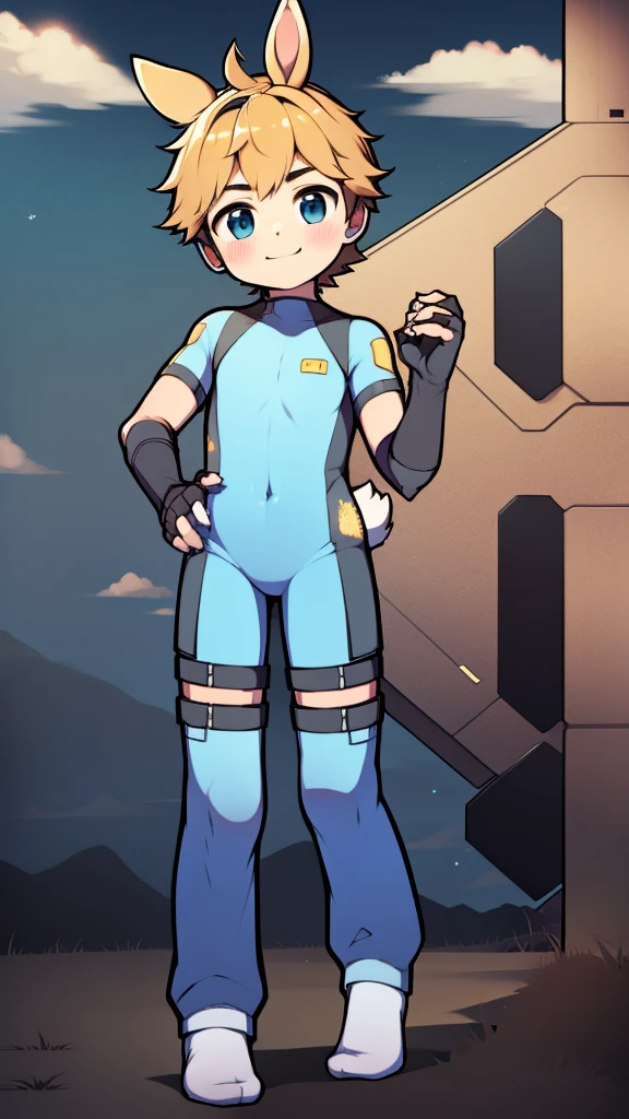 ((A young boy)),(Youthful feeling),One-piece mountaineering suit,slender figure,Healthy limbs,goggles,fingerless gloves,cotton socks,short sleeves,stand up,Smile,Rabbit ears,Rabbit Tail