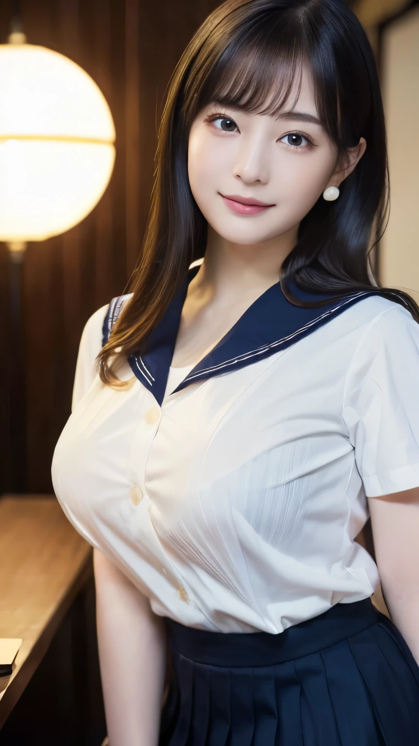 masterpiece,top-quality,official art,Highly detailed CG Unity 8K wallpapers,Japan female students, girl,(cleavage:1.2), Very delicate beautiful,SuperA high resolution,(realisticlying:1.4),Golden Hour Lighting,(Platinum Shorthair:0.8),(Puffy eyes),Tear bag、looking at viewers,facing front,smile,(white shirt、Sailor 、Navy blue pleated skirt:1.2), Beautiful and sexy body shape、The shirt boosts long black hair,(TOKYOcty:1.5), closeup cleavage, masterpiece, best quality, RAW photogr, realisticlying, (With a cute face in the style of a Japan idol:1.2), incredibly absurd res, Buatigarh, depth of fields, high resolution, ultra - detailed, finedetail, Very detailed, extremely detailed eye and face, Sharp pupils, pupil realistic, tack sharp focus, cinematic lighting
