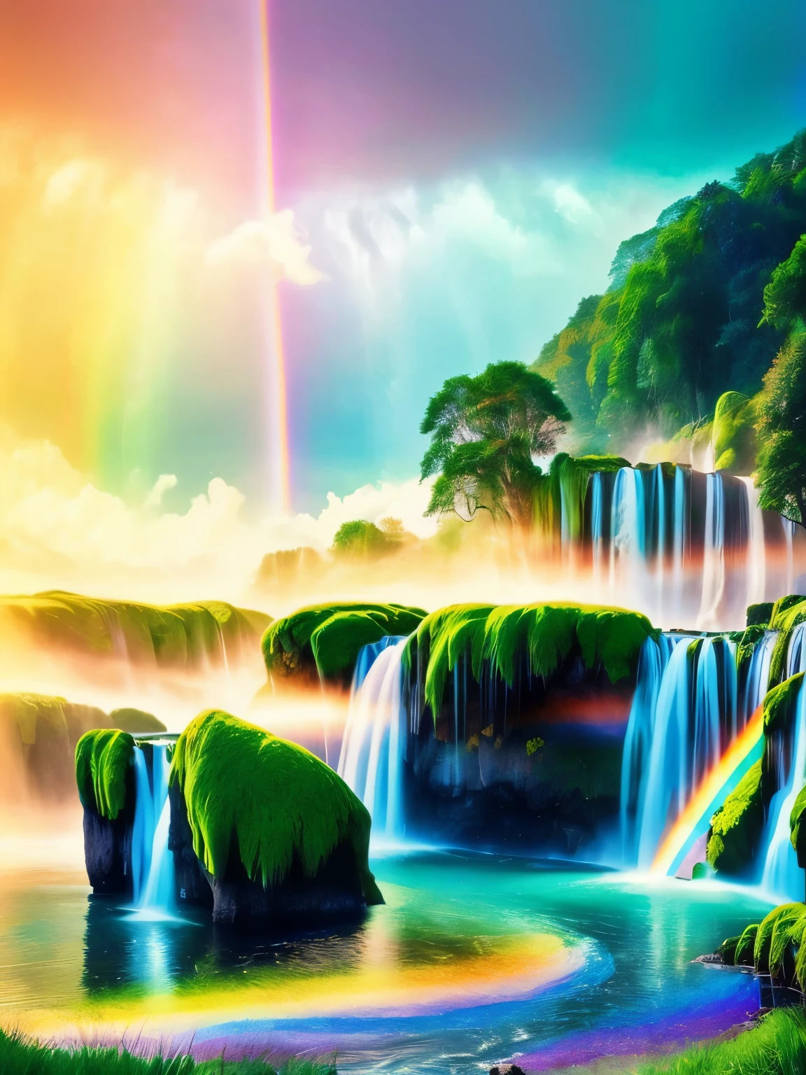 a rainbow falls into a river with a rainbow in the sky, rainbow river waterfall, cascading iridescent waterfalls, just one rainbow 8 k, floating waterfalls, scenic colorful environment, ethereal rainbows, extraordinary colorful landscape, colorful hd picure, really beautiful nature, nature wallpaper, an endless waterfall, breathtaking colors, magnificent background, stunning screensaver, waterfalls and lakes, ultra detailed, high quality, 8k resolution