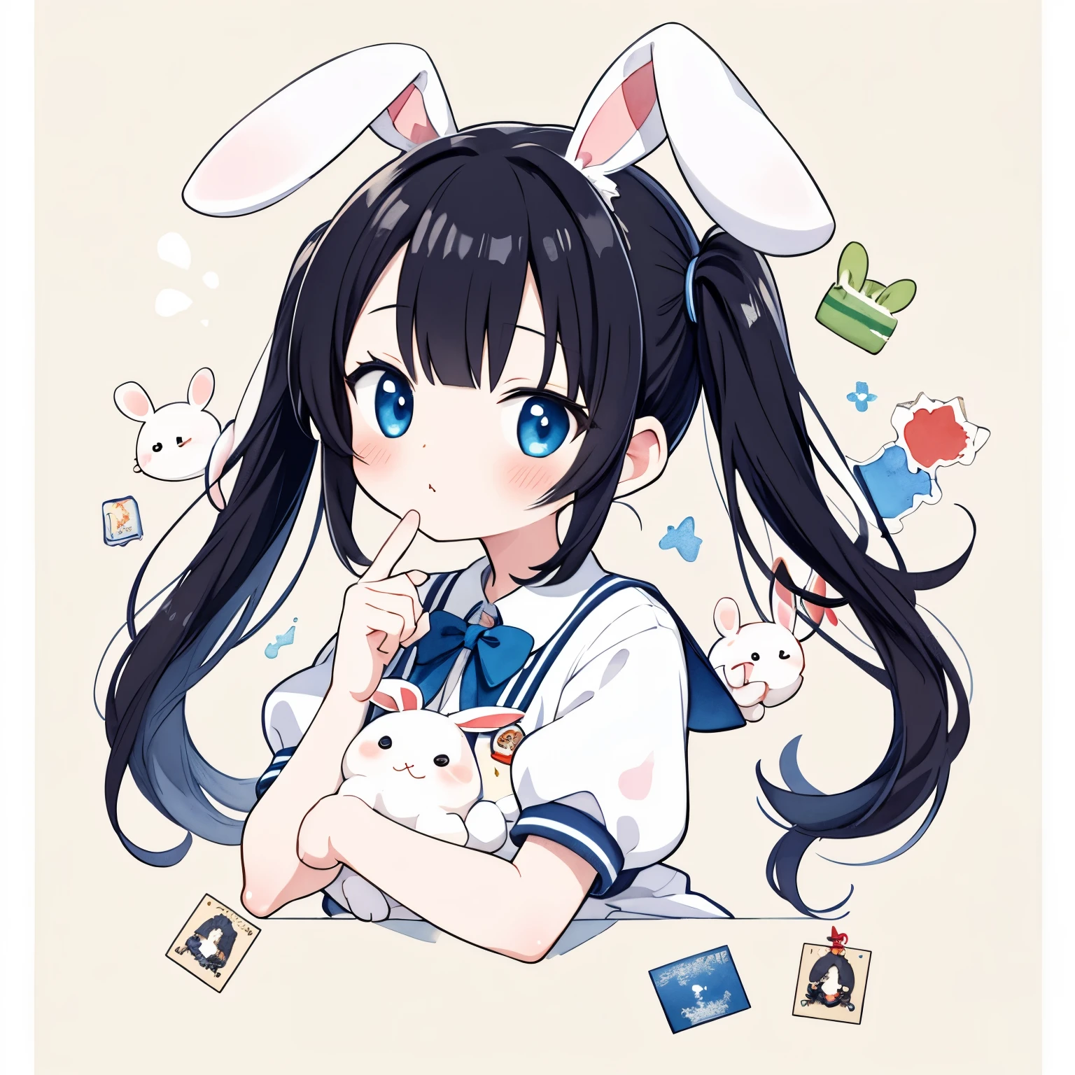 masterpiece, best quality, absurdres, illustration, watercolor,
1 girl, 1 rabbit, anime character, kawaii, cute, mascot character, fuwafuwa,black hair,twin tail hair,
postcard,