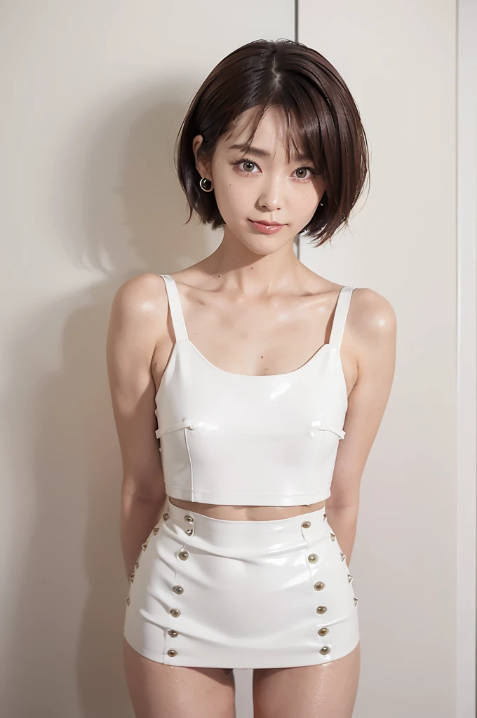 highest quality, Photoreal, alone, stand upright,(Accurate人体構造）、（perfect style、constricted waist）、 (White latex material＆Punk-style outfit with distinctive rivets、White latex mini skirt)、（White genuine leather long boots、knee length）、（shortcut）、earrings、double eyelid, （eyelash：0.7）、lip gloss, (smile:1), ((looking at the viewer))、（normal breast）、((The whole body is reflected、Are standing)), (short hair of reddish-brown color wet and shiny,),red mouth,clavicle、full body portrait、digital illustration, (Photoreal:1.3),(Raw photo) black hair, Solid Circle Eye, light smile, brown hair, short hair, bob cut, opened my eyes, surrealism, cast a shadow, anaglyph, stereogram, tachi-e, throw, atmospheric perspective, cinematic lighting, f/2.8, nikon, 8K, Super detailed, Accurate, highest quality, rough skin, anatomically correct, masterpiece ,masterpiece,highest quality, double eyelid,lip gloss, (smile:1),red mouth,clavicle, ((looking at the viewer)),(short hair of reddish-brown color wet and shiny,),hotel room、（The whole body is reflected）、（机の前にAre standing）、Ｃcup bust、（full body shot）