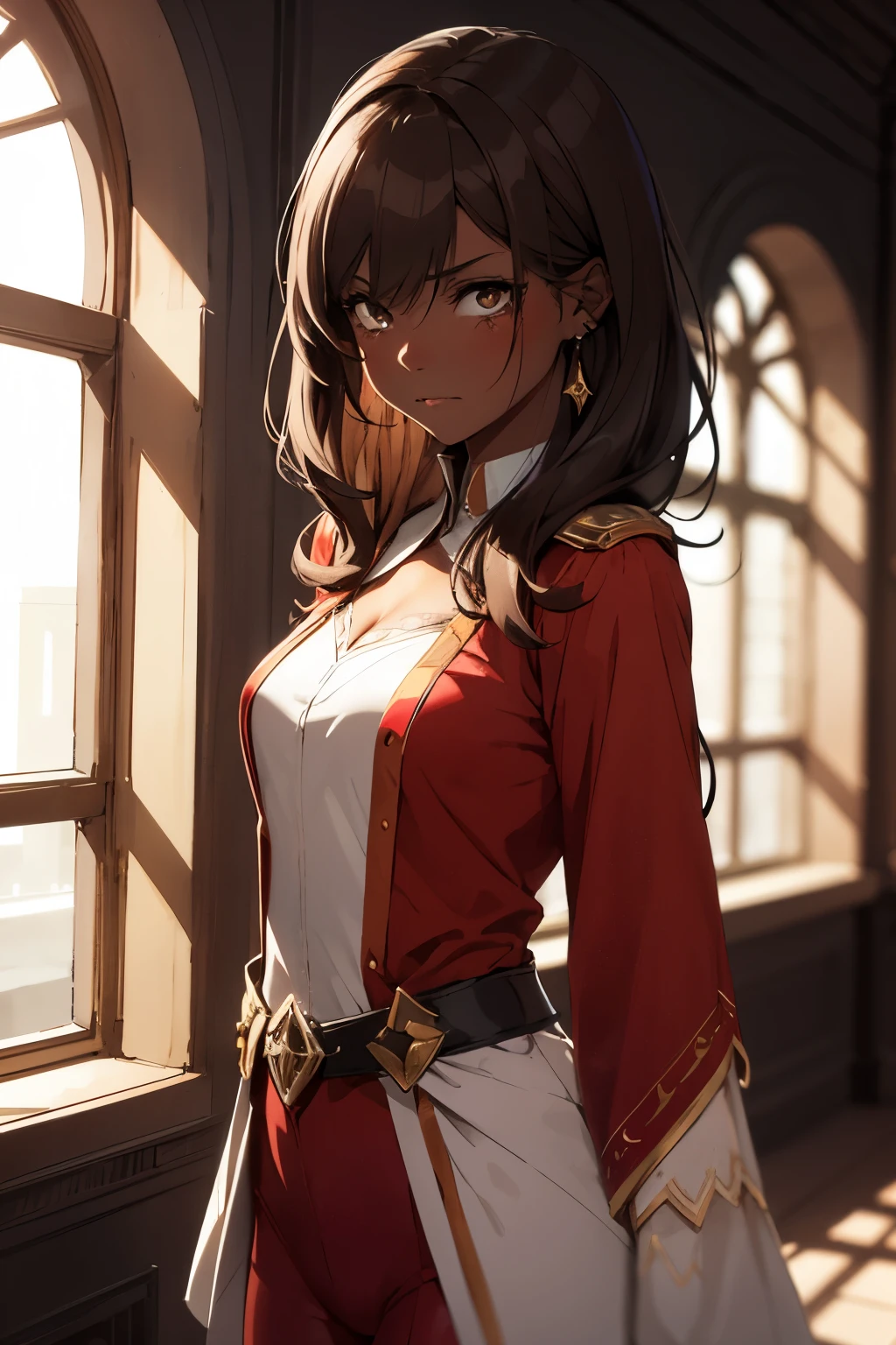Dark skin girl with brown hair and honey eyes dressing a red mage outfit at a sunlit room. She has side bands and is angry and crying.