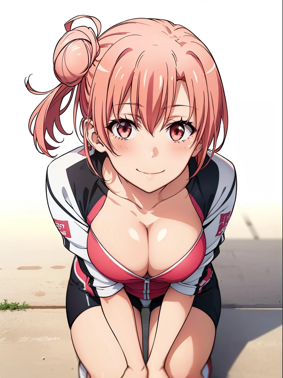 ((masutepiece, Best Quality, hight resolution, nffsw, Perfect Pixel, depth of fields, 4K, )), 1girl in, Solo, , Beautiful anime girl, Beautiful Art Style, close up, Looking up at Viewer, Perfect body, Yuigahama Yui, Short hair, single hair bun, pink hair, (large boob), Full face blush, Smile, thighs thighs thighs thighs, race queen, cleavage, white background, hands on knees, shot from above, Focus,