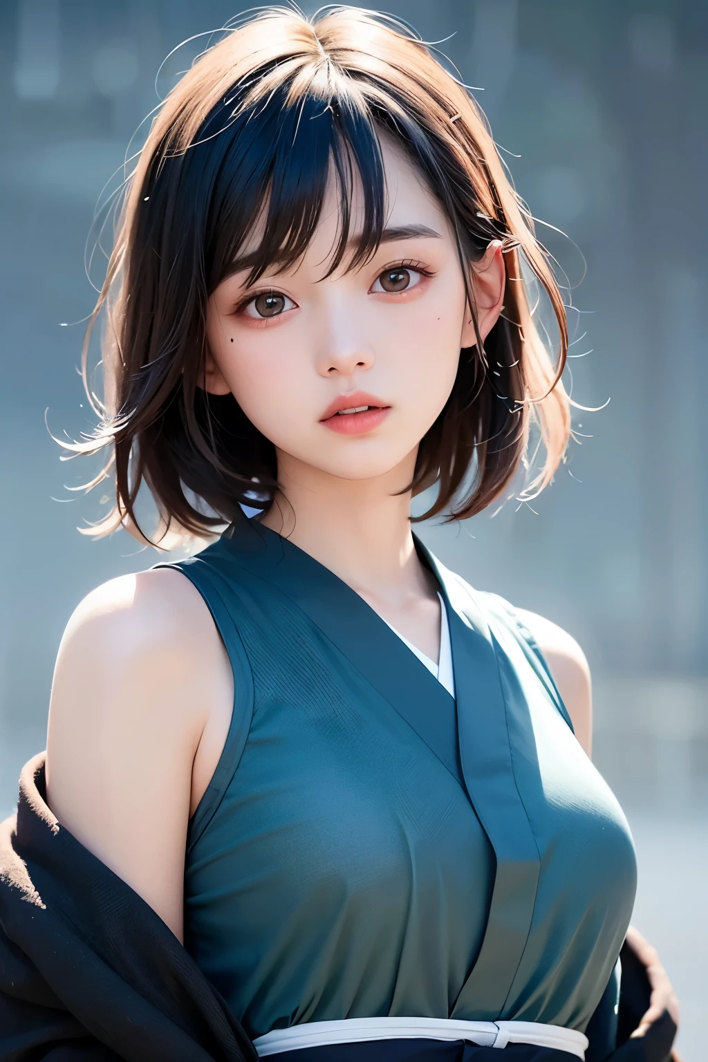 (1 nogizaka girl,teenager,raw photo,photo realistic:1.5),(best quality, high quality,HDR, highest quality,ultra high resolution,high resolution,high res,ultra high difinition,huge file size,8K,2K wallpaper,8K wallpaper,high quality texture,amazing,an extremely delicate:1.4),one girl, Japanese famous idol,beautiful face,small face,absurd,ridiculous,incredibly ridiculous,portrait,breasts close up,blurry background,(no makeup,swimsuit:1.2),medium skin,beautiful skin,detailed skin,small head,black hair,silky hair,(Japanese eyes:1.3),detailed eyes,black eyes,Japanese idol eyes,Japanese nose,5-fingers,(eyebrow:-0.5),(Light Particles, Lens Flare, Luminous Particles: 0.7),looking at viewer,bright lighting,professional lighting,girl