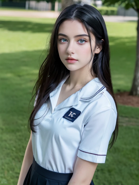 ( masterpiece, top quality, best quality,8k,17 years old girl,ultra detailed,raw photo:1.5),(photorealistic:1.4), (long black hair:1.5), (cinematic lighting), PerfectNwsjMajic, , Surrealism, UHD, ccurate, Super detail, textured skin, High detail, Best quality, dynamic angle, (high nose,White skin,Square round face ),[Beautiful blue eyes],[flat chest:large breasts:0.5],(1girl),(good anatomy:0.5)),(outside:1.5), uniform 