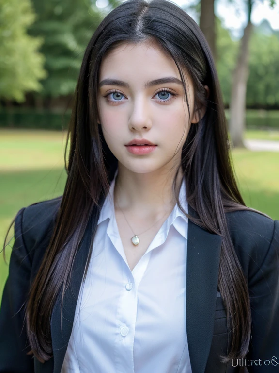 ( masterpiece, top quality, best quality,8k,17 years old girl,ultra detailed,raw photo:1.5),(photorealistic:1.4), (long black hair:1.5), (cinematic lighting), PerfectNwsjMajic, , Surrealism, UHD, ccurate, Super detail, textured skin, High detail, Best quality, dynamic angle, (high nose,White skin,Square round face ),[Beautiful blue eyes],[flat chest:large breasts:0.5],(1girl),(good anatomy:0.5)),(outside:1.5), uniform 