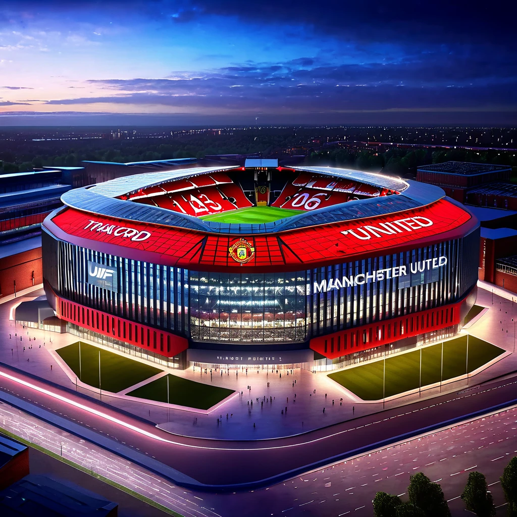 "The future modern and futuristic (Old Trafford) stadium of (Manchester united) 2055 from the exterior, drone footage, night, detailed matte painting, deep color, fantastical, intricate detail, splash screen, complementary colors, fantasy concept art, 8k resolution trending on Artstation Unreal Engine 5"