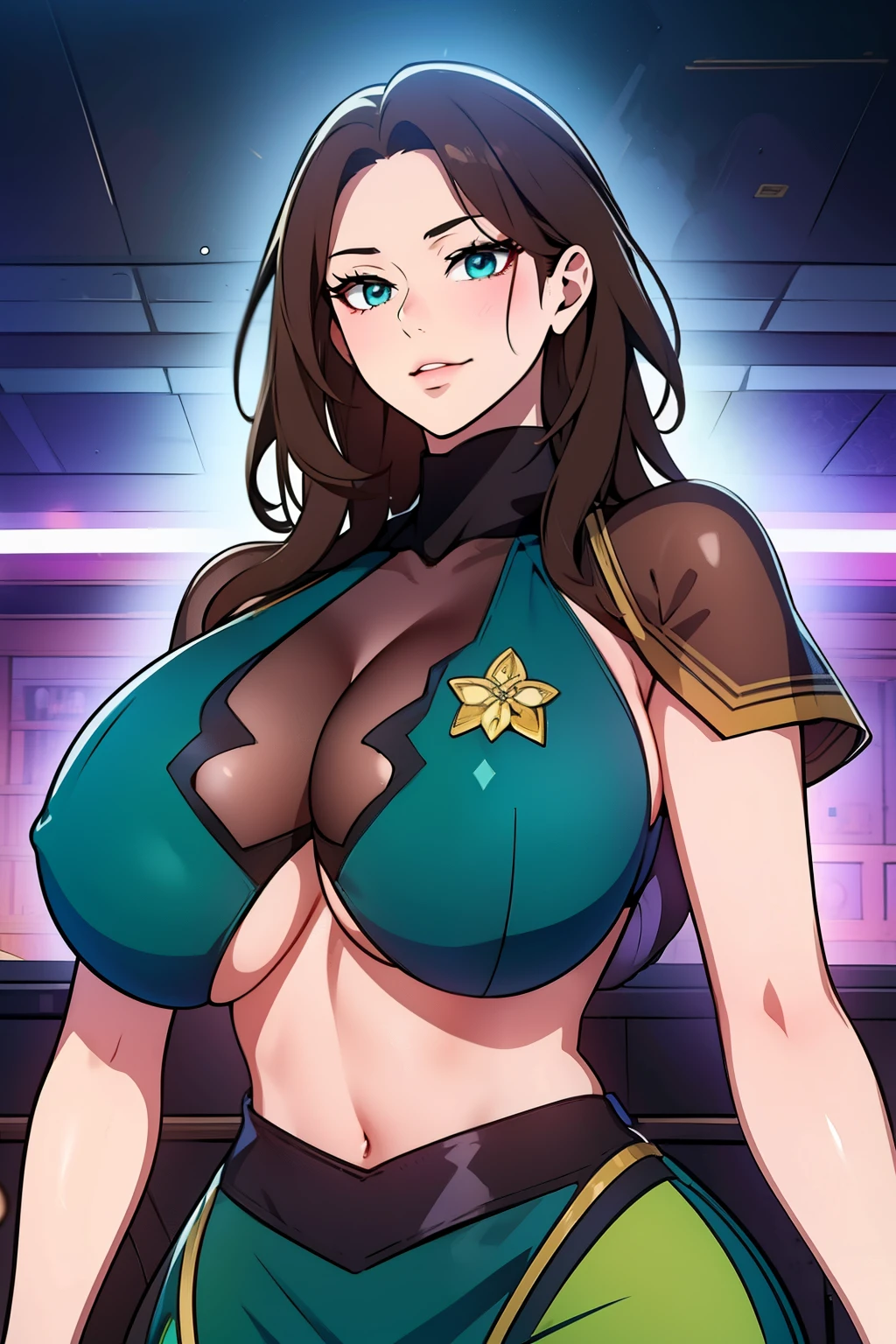 An anime-style artwork depicting ruan mei from the game Honkai star rail.
Tags: ruan mei, anime, detailed eyes, detailed lips, crop top, turtleneck, pencil skirt, smiling expression, intense gaze, glowing emblem on hand, dynamic pose, mystical background, vibrant colors, digital art, high-resolution, professional quality, gigantic breasts, (underboob : 1.4), curvy, cowboy shot, (gigantic breasts: 1.4), green eyes, (light brown hair)