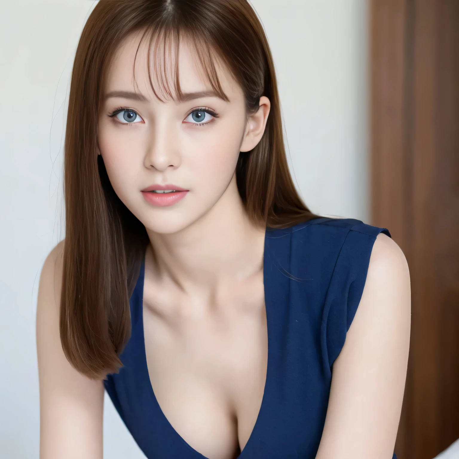 highest quality,masterpiece,ultra high resolution,(realistic:1.4),girl, 18-year-old, (Perky breasts:1.2), bangs, (slim face, slim waist, slim legs), blouse, attractive, black choker, Blue color contact lenses, slouch, Lean forward and look into the camera、long eyelashes