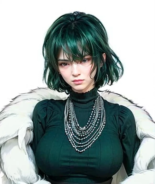 High quality image, masterpiece, detailed hair texture, detailed skin texture, detailed cloth texture, 8k, add fabric details, ultra detailed skin texture, ultra detailed photo, skin pores, cloth details, high skin details, realistic hair details, portrait of a girl, wearing a dress, wearing a fur jacket, green eyes, green hair