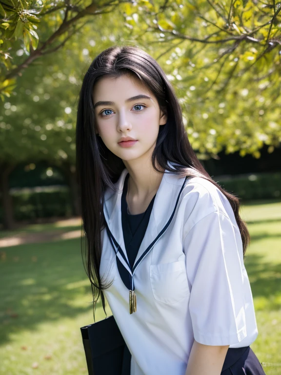 ( masterpiece, top quality, best quality,8k, girl,ultra detailed,raw photo:1.5),(photorealistic:1.4), (long black hair:1.5), (cinematic lighting), PerfectNwsjMajic, , Surrealism, UHD, ccurate, Super detail, textured skin, High detail, Best quality, dynamic angle, (high nose,White skin,Square face ),[Beautiful blue eyes],[flat chest:large breasts:0.5],(1girl),(good anatomy:0.5)),(outside:1.5), uniform 