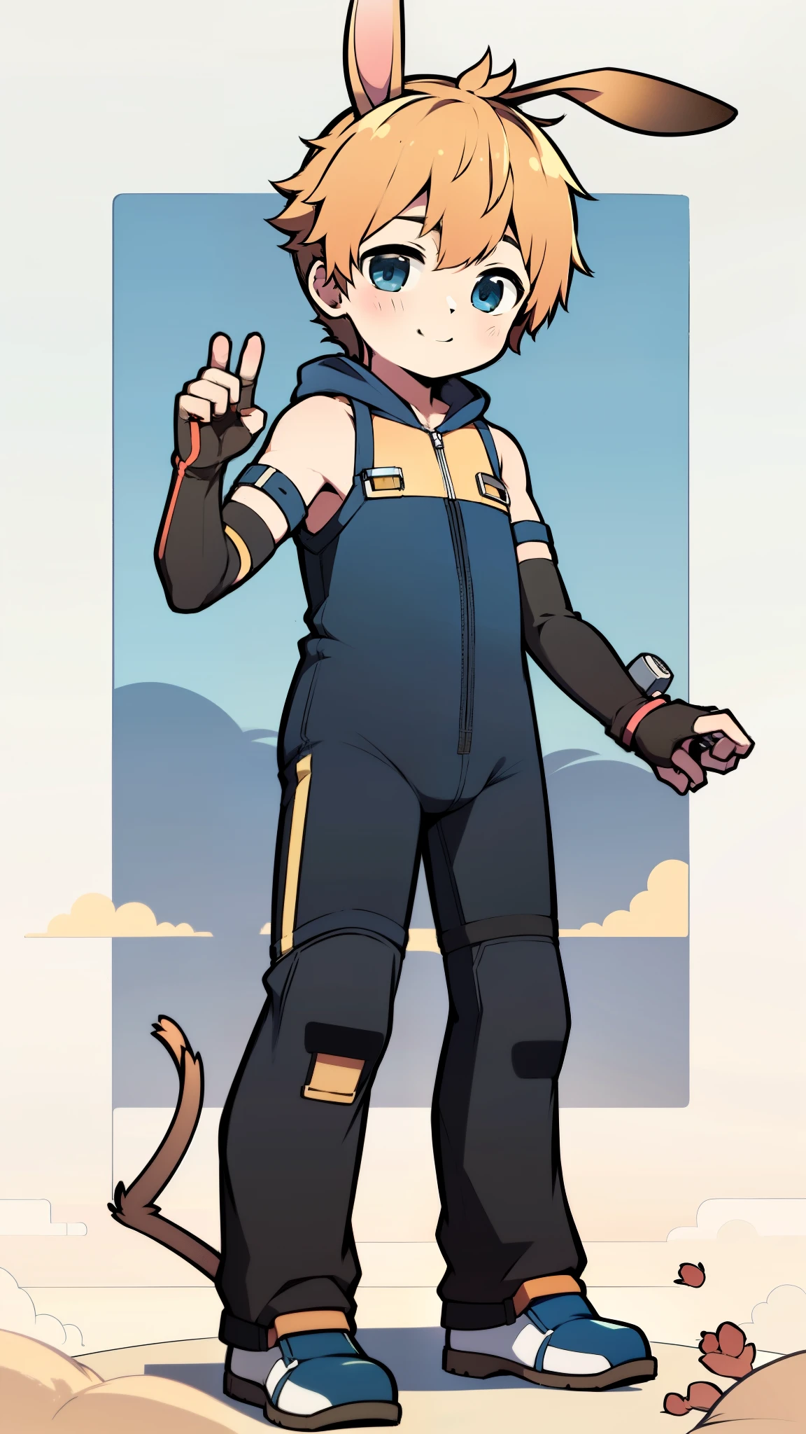 ((A young boy))，(Youthful feeling)，One-piece mountaineering suit，slender figure,Healthy limbs，goggles，fingerless gloves，cotton socks，short sleeves，stand up，Smile，Rabbit ears，Rabbit Tail