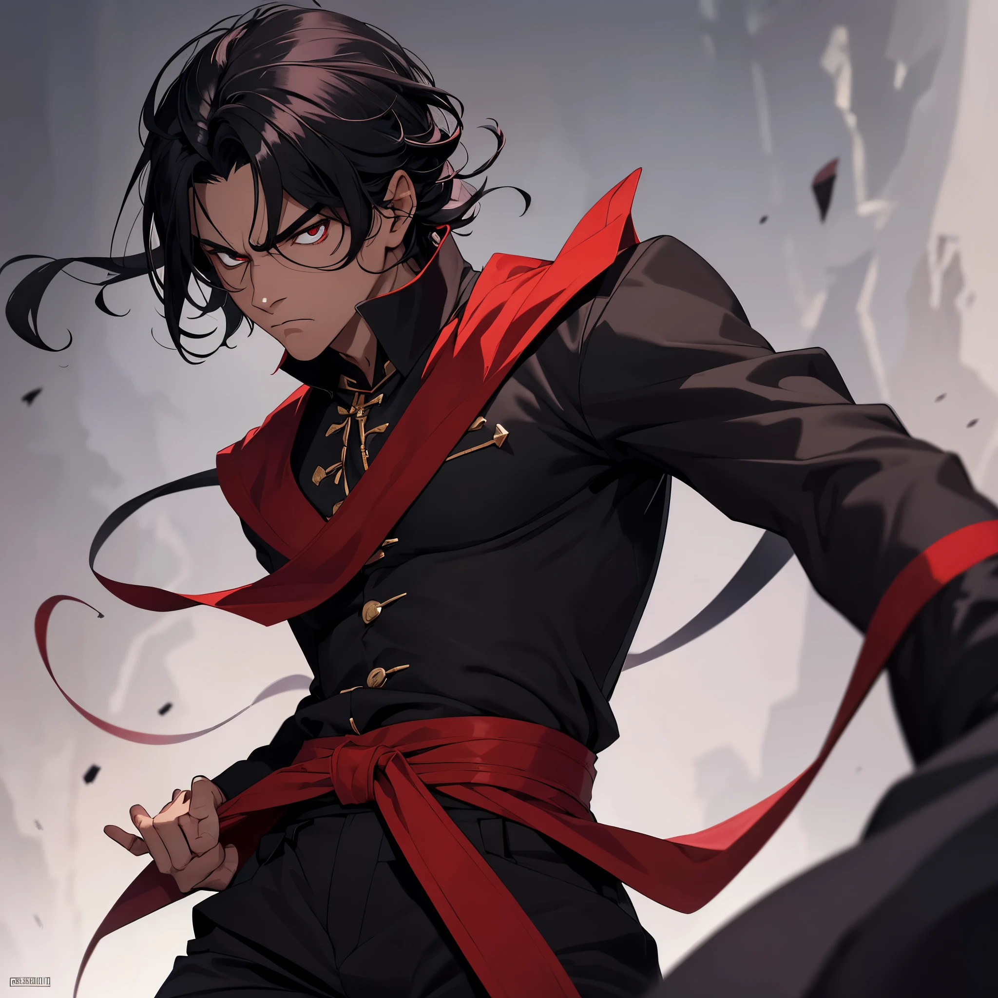 Ele tem cabelo preto curto, olho cor de sangue, uma camisa preta de manga comprida, black pants and a dark red sash tied around the waist. He also wears a black cape that extends to his feet and carries his sword.. His expression is serious and determined.