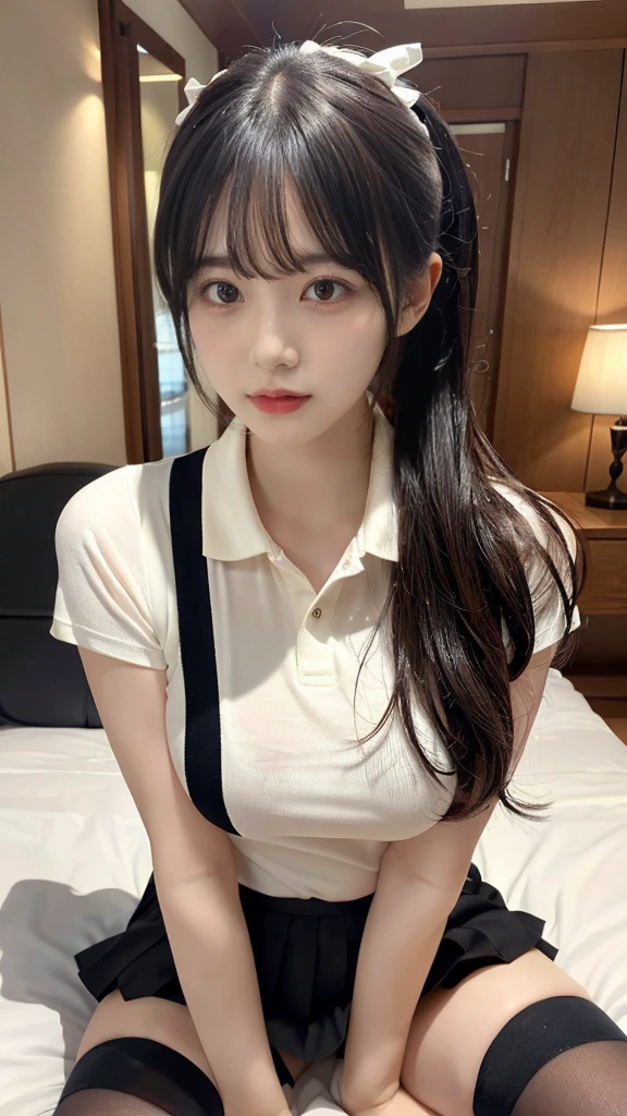 muste piece, best quality, illustration, Super detailed, fine details, High resolution, 8K,wall paper, perfect dynamic composition,(Details High quality, realistic depiction of eyes:1.3),  (Polo shirt with collar), pleated skirt, knee high socks, ponytail,  Lying down, black hair color, Big Natural Color Lip, bold sexy pose, (perfect body shape), crying a little、cold gaze, Harajuku style、20 year old girl、cute type、lolita、beautiful legs, hotel room, hposing Gravure Idol, Voluptuous thighs