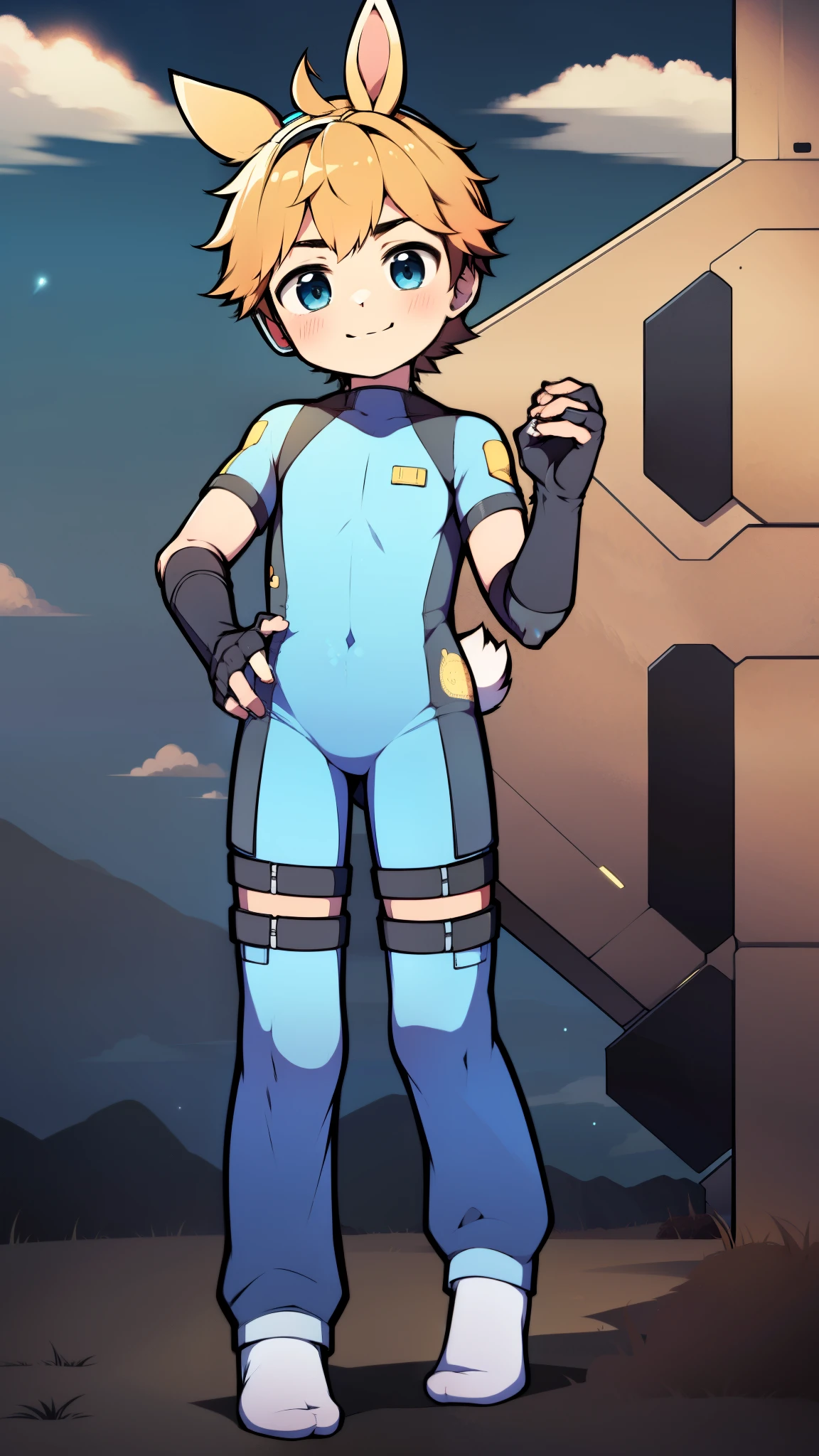 ((A boy)),(Youthful feeling),One-piece mountaineering suit,slender figure,Healthy limbs,goggles,fingerless gloves,cotton socks,short sleeves,stand up,Smile,Rabbit ears,Rabbit Tail