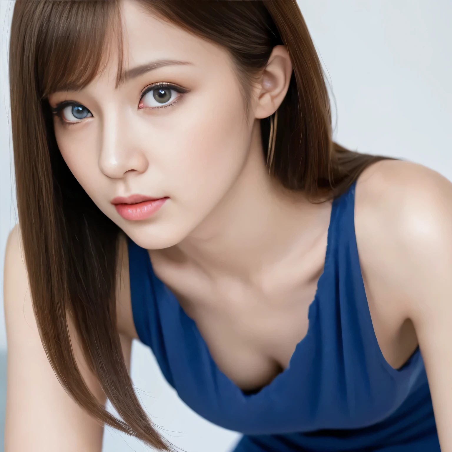 highest quality,masterpiece,ultra high resolution,(realistic:1.4),girl, 18-year-old, (Perky breasts:1.2), bangs, (slim face, slim waist, slim legs), blouse, attractive, black choker, Blue color contact lenses, slouch, Lean forward and look into the camera、long eyelashes、saggy breasts