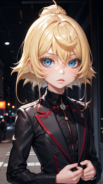 portrait of european girl,alone,20 years,beautiful face,uppser body,hair above one eye,medium side cut, blonde hair, sharp focus,black business suit