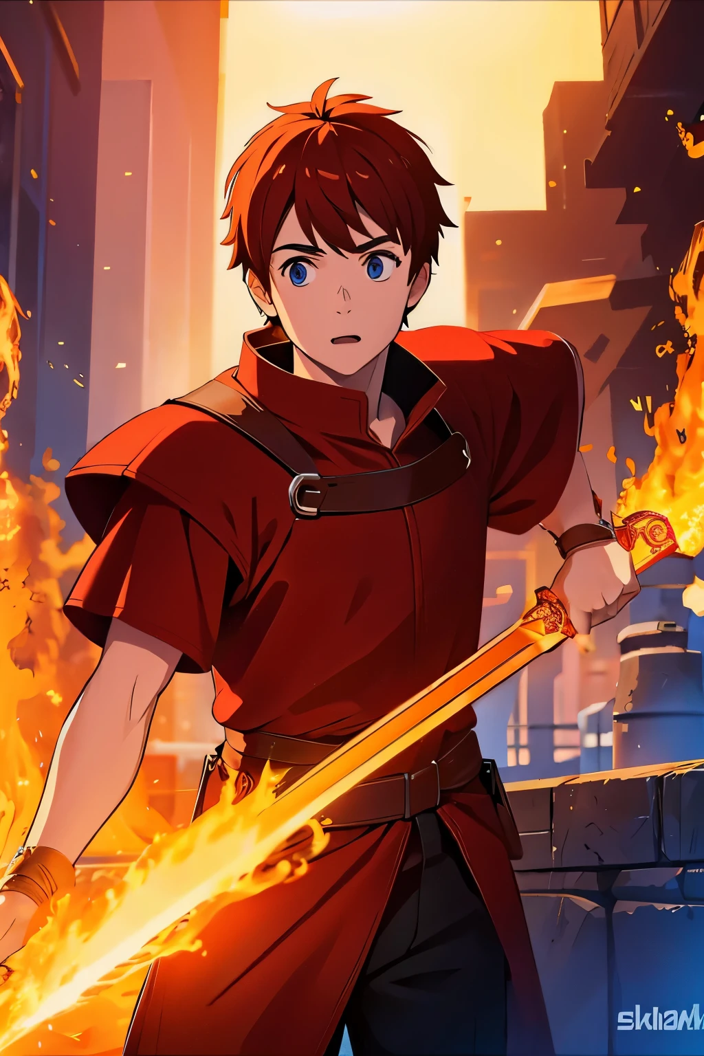 a young red knight with a flaming magic sword on a background of a medieval city 