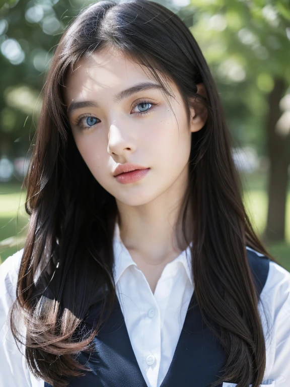 ( masterpiece, top quality, best quality,8k, girl,ultra detailed,raw photo:1.5),(photorealistic:1.4), (long black hair:1.5), (cinematic lighting), PerfectNwsjMajic, , Surrealism, UHD, ccurate, Super detail, textured skin, High detail, Best quality, dynamic angle, (high nose,White skin,Square face ),[Beautiful blue eyes],[flat chest:large breasts:0.5],(1girl),(good anatomy:0.5)),(outside:1.5), uniform 