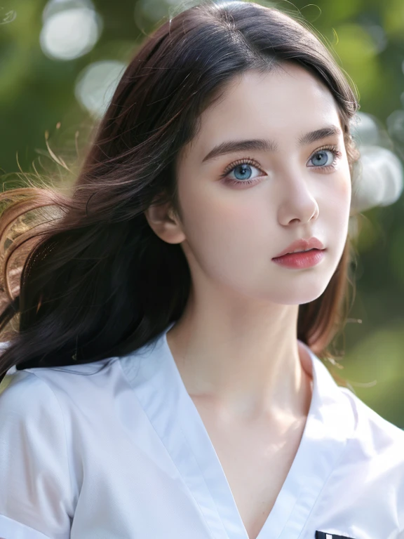 ( masterpiece, top quality, best quality,8k, girl,ultra detailed,raw photo:1.5),(photorealistic:1.4), (long black hair:1.5), (cinematic lighting), PerfectNwsjMajic, , Surrealism, UHD, ccurate, Super detail, textured skin, High detail, Best quality, dynamic angle, (high nose,White skin,Square face ),[Beautiful blue eyes],[flat chest:large breasts:0.5],(1girl),(good anatomy:0.5)),(outside:1.5), uniform 