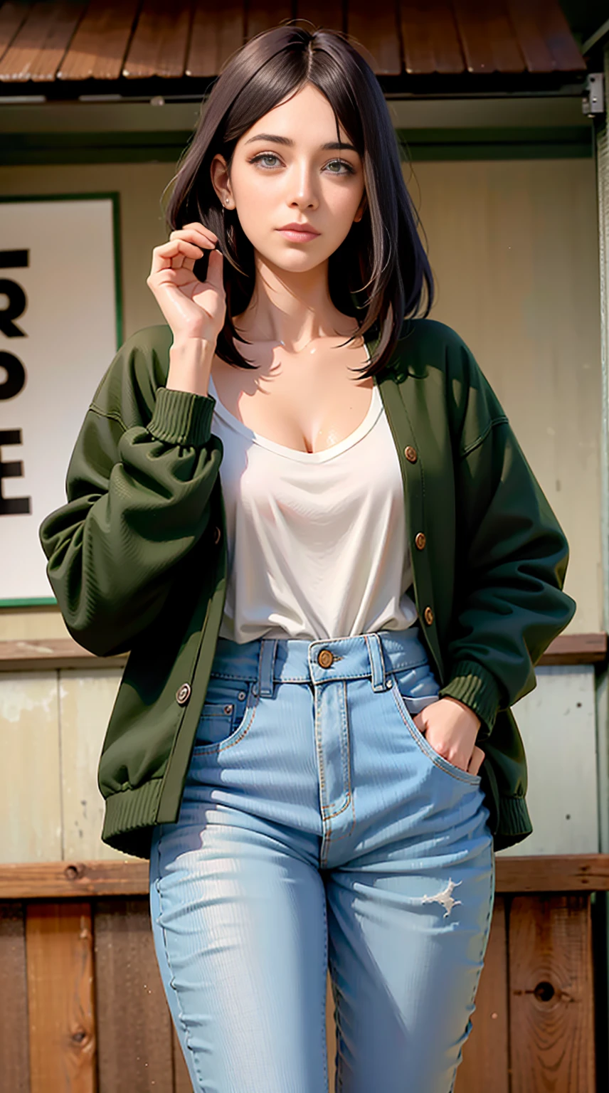 The wallби Хьюга, long hair, knotted low, hair band, The wall, Purple eyes, Beautiful, Beautiful woman, perfect body, perfect breasts, wear a white shirt, Black cardigan, Long jeans, handbag, wear a watch, Wearing earrings, In class , On campus, university, Board, Looking at the viewer, slight smile, realism, masterpiece, textured leather, super detailed, high detail, High quality, Best quality, 1080P, 16 thousand.