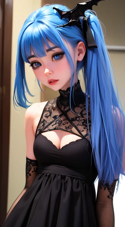 Best Quality,High resolution,8K,finelity detailed background,Masterpiece:1.2),beautiful girl,Shiny light blue hair,blunt bangs,Light blue eyes,Gentle look,A refreshing look,smile,Best quality,Best Quality,Aesthetic and aesthetic:1.2,Best details((Super detailed))(High-definition CG illustrations),Upper Body, Black underwear,(black intricate lace),Slender body,night,moon,Bedroom,On the bed,smile,blush,cute,Scrounge,Looking up,Being spoiled,super model,wariza,shoot from,below