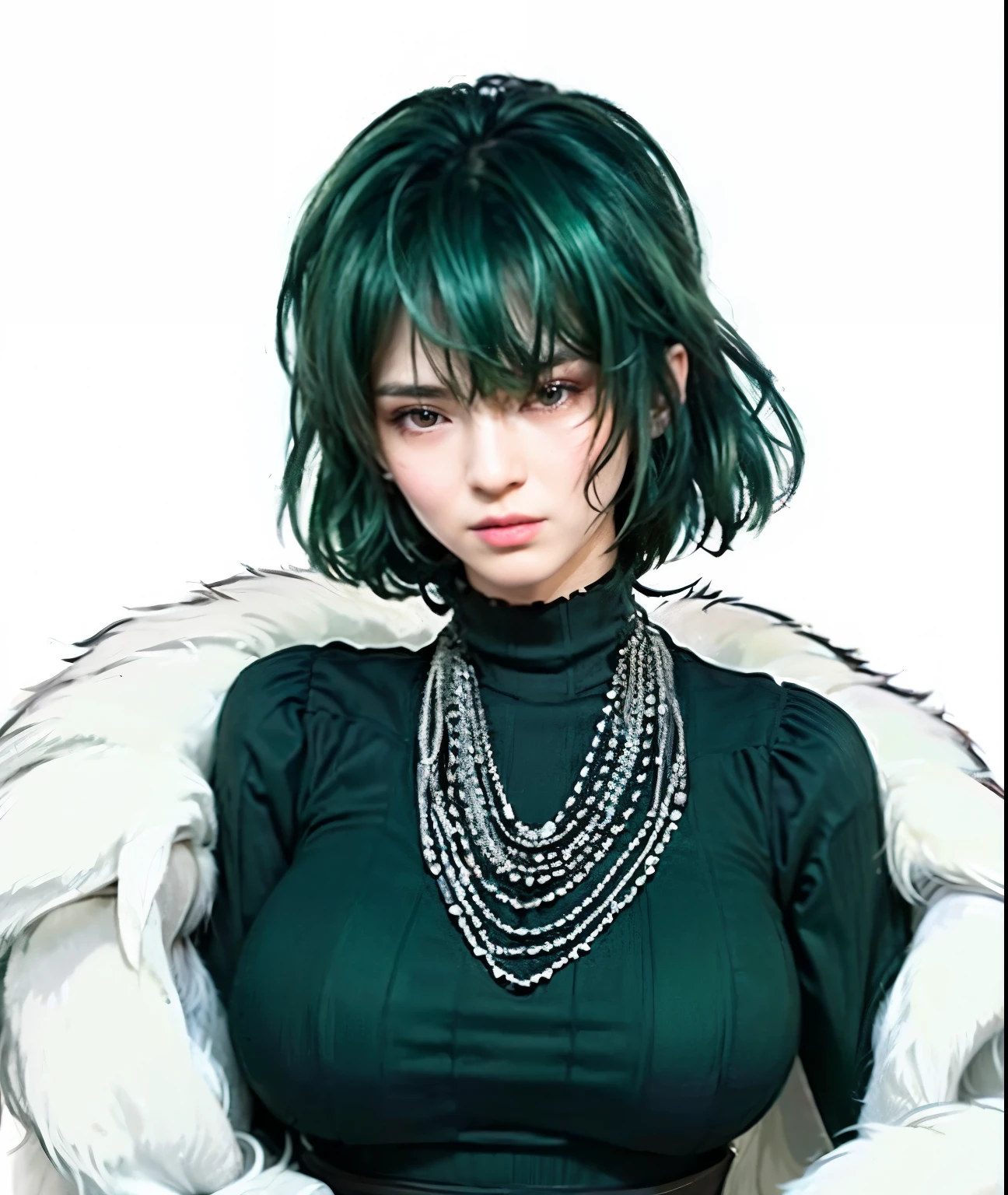 High quality image, masterpiece, detailed hair texture, detailed skin texture, detailed cloth texture, 8k, add fabric details, ultra detailed skin texture, ultra detailed photo, skin pores, cloth details, high skin details, realistic hair details, portrait of a girl, wearing a dress, wearing a fur jacket, green eyes, green hair