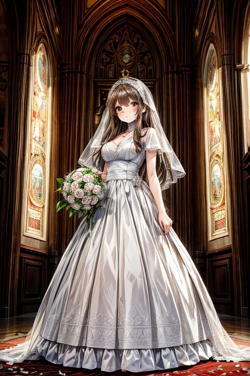 Italian girl, 25 years old, long brown hair, dressed as a wedding