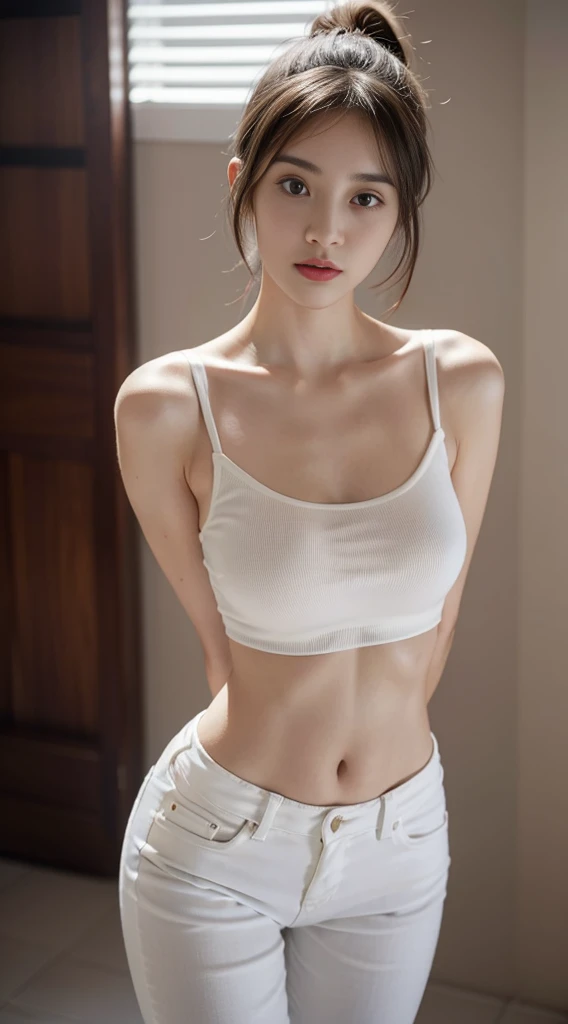 Girl posing for photo in white bra and tight denim，Keep your arms behind your back，full bodyesbian, beautiful tight round perfect breast，With a cropped T-shirt、brassier，Slim body，Smaller bust，Slim girl model，24 years old female Korean model, short hair，Single ponytail