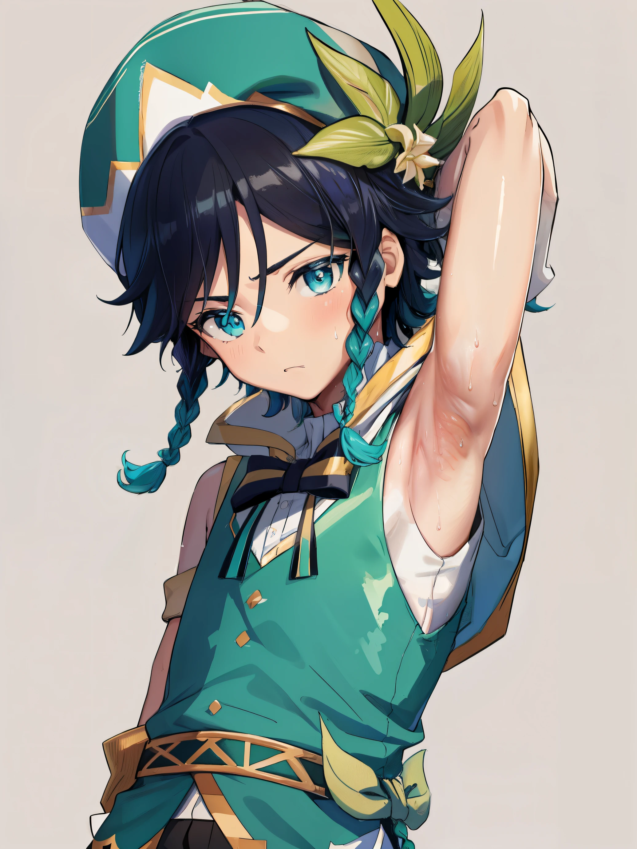Highres, Masterpiece, Best quality at best,Best Quality,hight quality, hight detailed, 1boy, Venti, solo, Young boy, medium hair length, braids, dark blue hair color, cyan highlights in hair, calm expression, kind expression, Simple background, detailed eyes, Sleeveless hoodie, White hoodie, Bare shoulder, Belt, bow tie, green hat, jewels, cyan, (very young boy), (very small and short body), 12-year-old boys, Sweat, (Showing armpit:1.3), School, Sweat