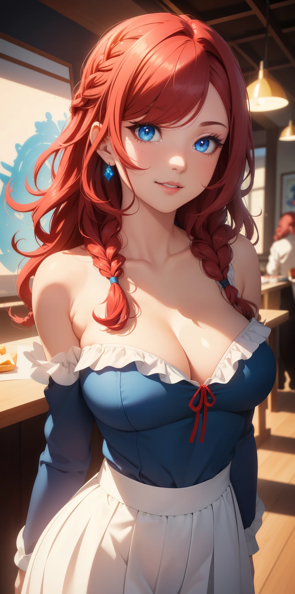 Medium, soft and cute breasts ((beautiful girl)), ((wavy red hair, long beautiful braid)), blue eyes, perfect eyes, double eyelids, light effect on eyes ((sexy face)), ((look sexy)), skirt dress, off-the-shoulder top with single sleeve, stylish, medium and round breasts, she is charming, beautiful makeup for the day, cleavage, (((art, best quality; 1.3)), ultra detailed, papers 8k unity wallpaper, CG, ray tracing, illustration, colorful, cinematic shadow, extremely detailed and beautiful background, video, VRay shading, TR)), (slutty face: 1.2), art, hyperrealistic, hyperdetailed, best quality , 16k, light and shadow effect on the skin, vivid colors)), eyeliner, passionate expression, cute, detailed smile, at the party.