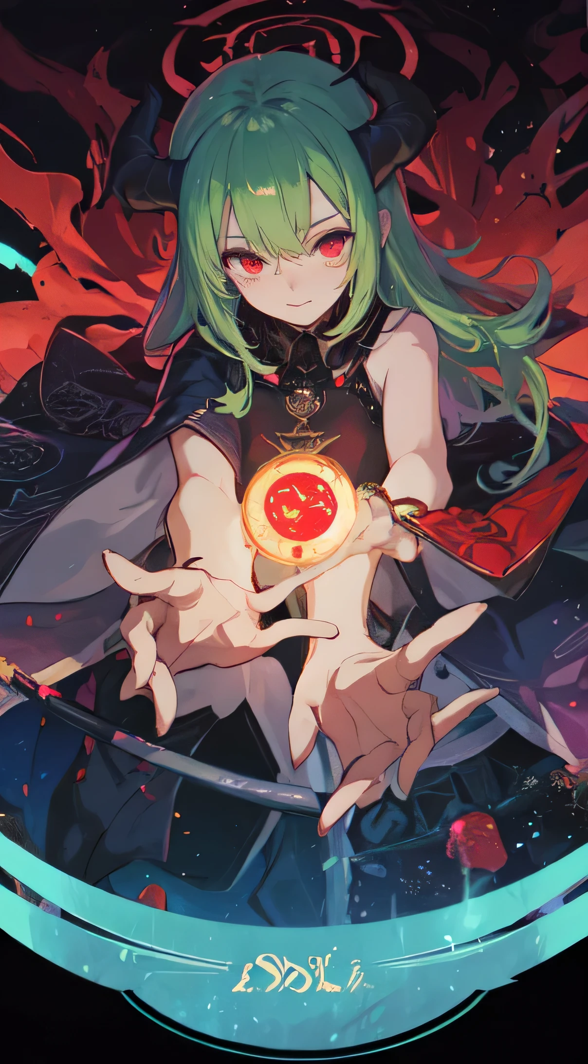 32 year old female ,tea green hair, red eyes, Thin, Big ,Succubus, black light, magic circle, Make it like tarot anime style but without the frame, Eyes seductive, crimson energy, bright red particles