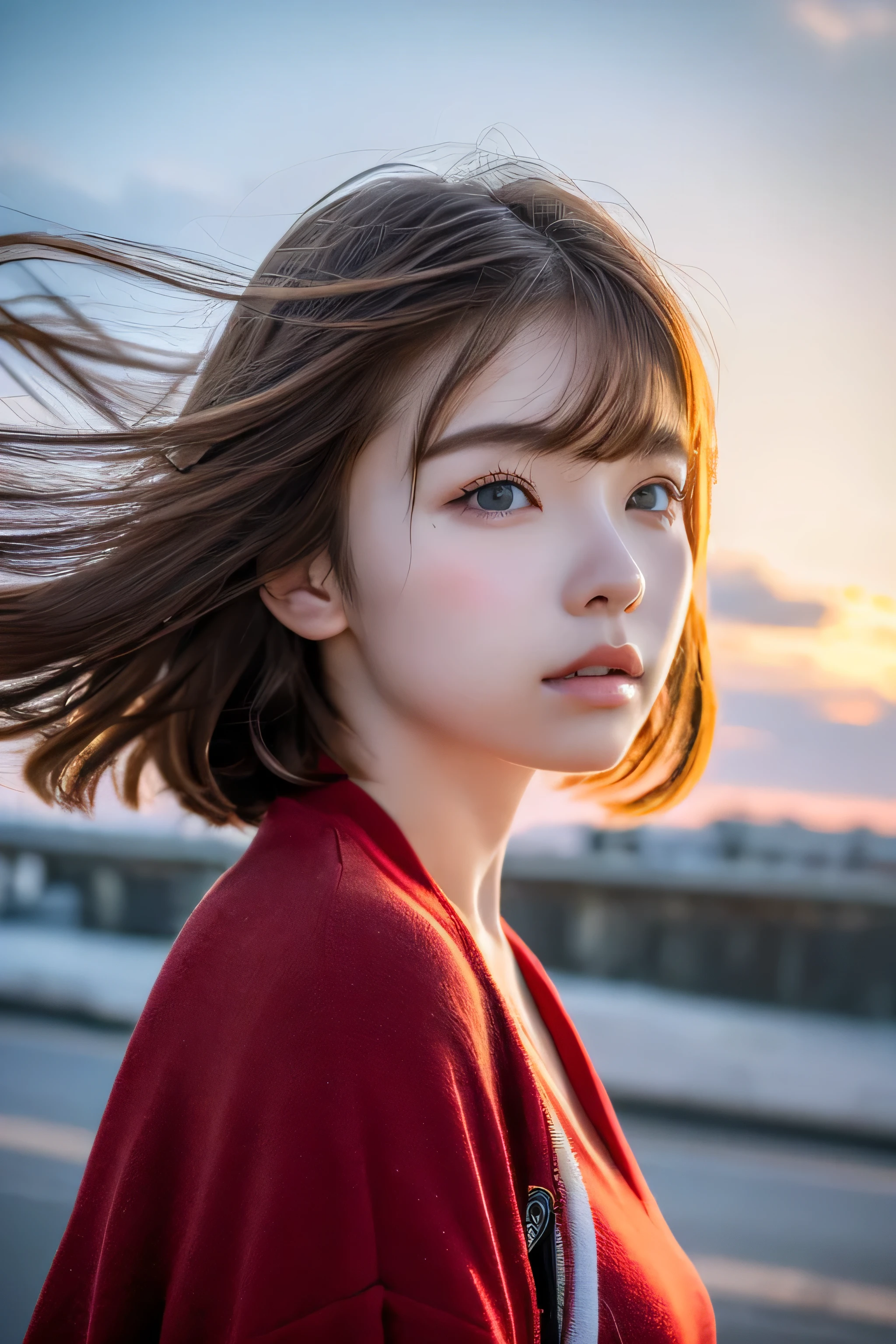 ((hair blowing in the wind、No makeup:1.2))、(realistic、Photoreal、super detailed、best detailed skins、highest quality、masterpiece、超A high resolution)、cute russian woman、14 years、high school girl、young girl、1 girl、have bangs、ash blonde:1.7、double eyelid、drooling eyes、Japanese style face、purity、realistic skin type、Thick fluffy hair、red cheeks、The wind is blowing、lighting from behind、hair blowing in the windがステキ、((short hair、port at night、illuminated by moonlight))