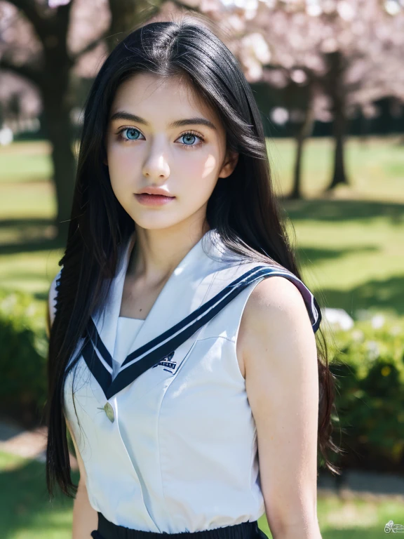 ( masterpiece, top quality, best quality,8k, girl,ultra detailed,raw photo:1.5),(photorealistic:1.4), (long black hair:1.5), (cinematic lighting), PerfectNwsjMajic, , Surrealism, UHD, ccurate, Super detail, textured skin, High detail, Best quality, dynamic angle, (high nose,White skin,Angular face),[Beautiful blue eyes],[flat chest:large breasts:0.5],(1girl),(good anatomy:0.5)),(outside:1.5), uniform 