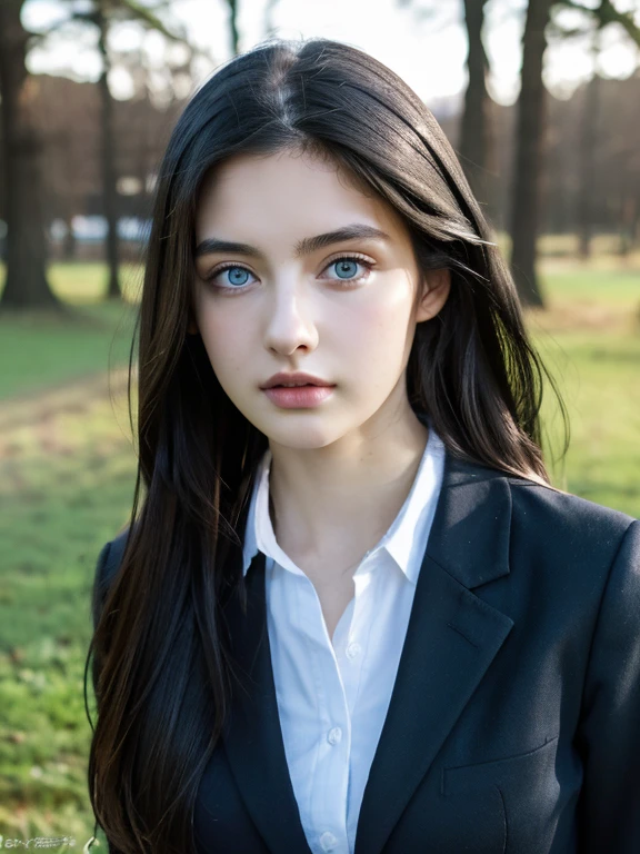 ( masterpiece, top quality, best quality,8k,17 years old girl,ultra detailed,raw photo:1.5),(photorealistic:1.4), (long black hair:1.5), (cinematic lighting), PerfectNwsjMajic, , Surrealism, UHD, ccurate, Super detail, textured skin, High detail, Best quality, dynamic angle, (high nose,White skin,Angular face),[Beautiful blue eyes],[flat chest:large breasts:0.5],(1girl),(good anatomy:0.5)),(outside:1.5), uniform 