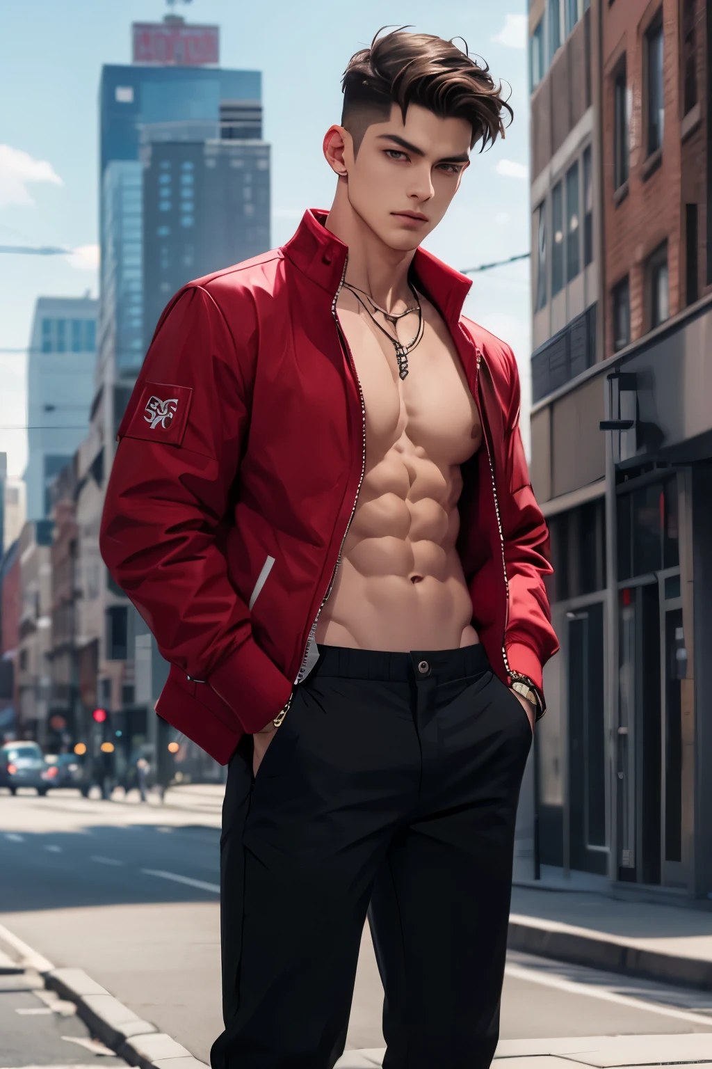 1boy,male focus, red jacket, solo, jewelry, hair, open jacket, open clothes, short hair, outdoors, looking at viewer, necklace, pants, red jacket, closed mouth, covered abs, hands in pockets, pectorals, black pants, muscular, city, muscular male, building, undercut,