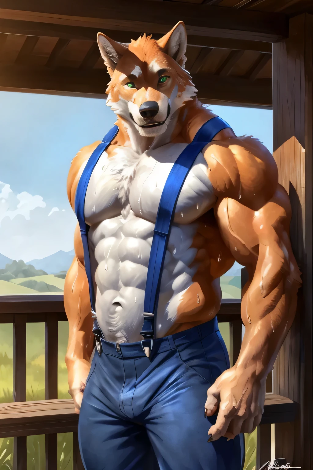 muscular anthro wolf posing for the camera, flexing muscles, touching himself. 4k, high resolution, best quality, posted on e621, solo, anthro body, anthro orange werewolf, (monotone orange fur:1.3), male, black beard, white chest fur, no shirt, adult, (heavily muscular, manly, brutal, masculine:1.4), green eyes, realistic eyes, masculine, (muscular, dense build:1.4, muscular shoulders, strong pecs), correct anatomy, (countryside background, porch, evening), (by wfa:1.2), (by Taran Fiddler, by negger:1.0), (pants, suspenders:1.2), (detailed eyes:1.2), sexy, cel shaded, cartoony shading, (sweat:1.5), smile, shiny muscles, strong shadows, confident, seductive, flirting, half-body shot, looking at viewer, green eyes, detailed eyes, claws on hands, growling, looking at camera